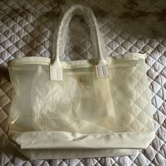 Clear Tote Bag With Zipper Neiman Marcus Never Used Clear Rectangular Bag With Zipper Closure, White Pouch Shoulder Bag With Zipper Closure, White Satchel With Zipper For Daily Use, White Rectangular Satchel With Zipper Closure, Chic Clear Shoulder Bag For Travel, White Large Capacity Satchel Beach Bag, White Large Capacity Shoulder Bag For Errands, White Pouch Bag With Zipper Closure, White Large Capacity Pouch Beach Bag