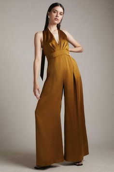 Satin Back Crepe Halter Neck Jumpsuit Zhivago Jumpsuit, Jumpsuit 2023, London Fits, Short Sleeve Denim Jumpsuit, Brides Party, Saree Reuse, Satin Outfit, Party Jumpsuit