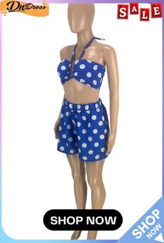 Red Sexy Print Polka Dot Split Joint Halter Sleeveless Two Pieces Polka Dot Sleeveless Party Top, Sleeveless Polka Dot Top For Beach, Sleeveless Polka Dot Tops For Vacation, Two Pieces, Polka Dot, Polka Dots, Split, Shop Now, Dots