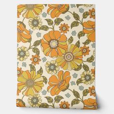 an orange and yellow floral pattern on a white background