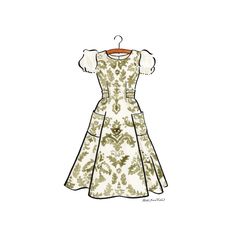 a drawing of a dress with ruffled sleeves and floral print on the front, in green