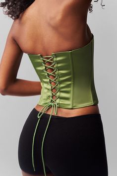 Satin Corset in Jardin - Strapless Green Corset – Guizio Green Corset, Danielle Guizio, Corset Skirt, Lace Up Corset, Boned Bodice, Satin Corset, Strapless Neckline, Dress Pant, Women Corset