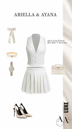 Chic Pleated Spring Sets, Chic Sets For Day Out, Chic Pleated Party Sets, Chic White Sets With Buttons, Elegant Sleeveless Set For Day Out, Chic Summer Sets With Button Closure, Elegant Spring Day Out Sets, Elegant Spring Sets For Day Out, Fitted Mini Skirt Sets For Day Out