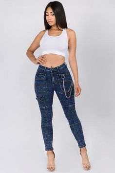 High Waist Dark Washed Skinny Jeans With Cargo Pockets – STEVEN WICK Womens Camo, New York Photos, Everyday Wardrobe, Cropped Top, Wardrobe Essentials, Photo Shoot, High Waist, Pants For Women, High Waisted