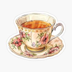 a tea cup and saucer with pink flowers on it sticker is sitting on a plate