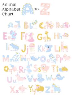 an animal alphabet to chart with animals and letters in pastel pink, blue, yellow, and white