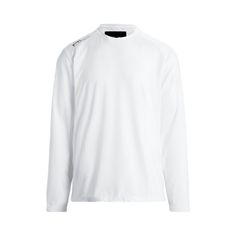 a white t - shirt with long sleeves and black trims on the chest, in front of a white background