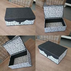 four different pictures of a black and white box