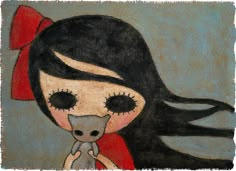 a painting of a girl with black hair holding a gray teddy bear in her hands