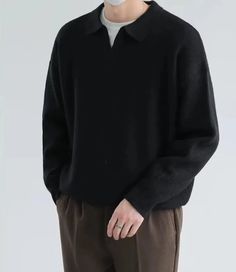 Korean baggy design sweater made of premium quality materials and designed to keep you warm in cold seasons. It is available in a variety of colors and in all sizes, so you can choose any style that fits your personality like the casual or classy style. This men’s sweater features a solid pattern and is available in the following colors: Black,Brown,Gray,Apricot Wool: Standard Wool Benefits: Comfort & Breathable Style: Casual / Elegant Gender: Men Season: All Season Material: Polyster Pattern Ty Black Knit Sweatshirt With Ribbed Collar, Gray Polo Sweater For Winter, Black Knit Crew Neck Polo Sweater, Gray Long Sleeve Polo Sweater For Winter, Black Long Sleeve Polo Sweater For Winter, Black Polo Sweater For Winter, Classic Oversized Polo Sweater For Winter, Black Knit Polo Sweater For Winter, Trendy Oversized Long Sleeve Sweater