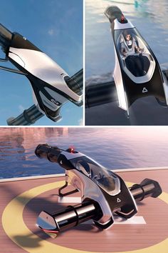 the futuristic boat is floating in the water with its wheels on it's side