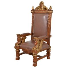 an ornate wooden chair with leather upholstered back and arm rests against a white backdrop