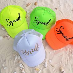 Represent your Bride Squad with this bright neon set of trucker hats! White Summer Party Trucker Hat, Customizable Trucker Hat For Parties, Customizable Party Trucker Hat, Summer Party Snapback Hat, Summer Party Baseball Cap With Curved Brim, Adjustable Snapback Hat For Summer Party, Customizable Snapback Trucker Hat For Beach, Customizable Trucker Snapback Hat For Beach, Customizable Adjustable Party Hats