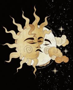 the sun and moon face together with stars in the background