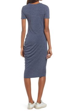 This soft stretch-jersey dress is cut with a simple silhouette and ruched on one side, creating a minimalist look. 42 1/2" regular length (size Medium); 47" plus length (size 3X) Slips on over head Crewneck Short sleeves Unlined 76% polyester, 19% rayon, 5% spandex Machine wash, tumble dry Imported When you buy Treasure & Bond, Nordstrom will donate 2.5% of net sales to organizations that work to empower youth This product meets Nordstrom Give Back criteria: A portion of the proceeds benefits pe Stretch Ruched Knee-length Bodycon Dress, Stretch Knee-length Bodycon Dress With Ruched Back, Stretch Knee-length Ruched Bodycon Dress, Knee-length Ruched Stretch Bodycon Dress, Casual Fitted Ruched Midi Dress, Casual Ruched Stretch Dresses, Casual Stretch Ruched Dresses, Stretch Ruched Knee-length Midi Dress, Stretch Knee-length Midi Dress With Ruched Back