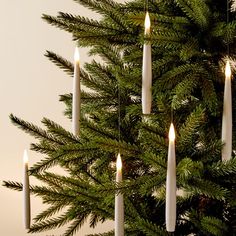 a christmas tree with lit candles hanging from it