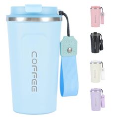 thermos travel mug with strap is shown in various colors and sizes, including blue