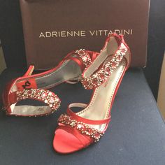 Size7.5 Red Satin Back Zipper Jeweled Almost 4inch Heel Ankle Strap, Peep Toe Rhinestone Platform Heels, Cream Colored Heels, Black Pointed Heels, Black Lace Heels, Formal Heels, Lace Heels, Tan Heels, Silver Sandals, Pointed Heels