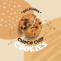 a chocolate chip cookie with the words delicious, delicious and delicious written on it's side