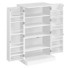 an open white shelf with shelves on each side and two doors at the bottom that are closed