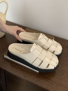 Sku CY-!158476 Material PU Feature Woven , Round-Toe , Hollow , Split-joint Occasion Casual , Office , Urban , Vintage Seasons Spring , Summer , Autumn Type Sandals , SlippersMules Color WHITE,BROWN,BLACK Size 35,36,37,38,39 White Round Toe Clogs For Summer, White Round Toe Summer Clogs, White Casual Platform Mules, Casual White Platform Mules, White Flat Heel Clogs For Summer, White Slip-on Synthetic Sandals, White Synthetic Slip-on Sandals, Spring Cream Slip-on Clogs, White Platform Clogs With Closed Toe