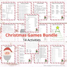 christmas games bundle for kids and adults with santa claus on the top, red and white striped