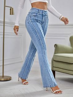 Light Wash  Collar  Denim Plain Flare Leg Embellished High Stretch  Women Denim