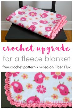 the crochet upgrade for a fleece blanket is shown in pink and white