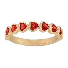 This lovely ring features nine heart-shaped red natural garnet gemstones  at approximately 1.17 carats total gem weight  that are bezel-set into quality 14 karat yellow gold. This piece measures 2mm wide and can receive a custom engraving. For assistance on engraving  Live Chat online  call an online customer service representative at 1-866-467-4263  or visit one of our store locations. Luxury Gold Heart Birthstone Ring, Theatrical Romantic, Garnet Heart, Customer Service Representative, Edgy Jewelry, Platinum Jewelry, Garnet Ring, Filigree Design, Lovely Ring