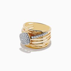 a yellow gold ring with white diamonds on the bottom and two rows of rings in the middle