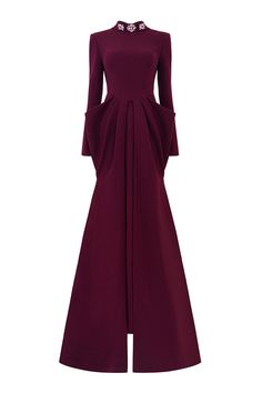 This dress showcases an elegant, de-constructed collar design. The pegged and draped features offer a modern take on traditional evening wear. Enjoy a flattering silhouette and luxurious velvet fabric for a statement look. *Note: The length is measured from the shoulder to the shortest of the front.Length: XS: 157cm, S: 159cm, M/L/XL: 160cm, XXL: 162cm Modern Royal Outfits, Velvet Floor Length Dress, Mode Abayas, Minimalist Wardrobe Capsule, Crepe Material, Knitwear Outfit, Happy Clothes, Elegant Dresses Classy, Floor Length Dress