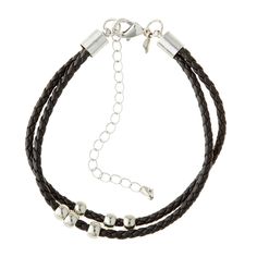 a black leather bracelet with two silver beads on the clasp and an adjustable metal chain