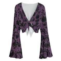 Embrace your dark elegance with our Purple Gothic Damask Women's Blouse! This stunning blouse features a lace-up front and dramatic bell sleeves, perfect for adding a gothic touch to any outfit. Made from a soft and breathable mesh fabric (88% Polyester, 12% Spandex), the blouse showcases a striking purple damask pattern that exudes mystery and sophistication. Available in sizes S to 5XL, including plus sizes, this top is designed to flatter every figure. Pair it with a camisole, skirt, or pants Gothic Mode, Purple Gothic, Tie Up Crop Top, Dark Elegance, Aesthetic Shop, Top Plus Size, Flowing Skirt, Cropped Tube Top, Damask Pattern