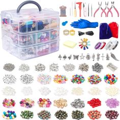 a box filled with lots of different types of beads and accessories next to other items