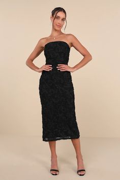 Black 3D Floral Dress - 3D Applique Dress - Strapless Midi Dress - Lulus Lace Strapless Midi Dress For Party, Strapless Evening Dress With Scalloped Lace, Evening Strapless Midi Lace Dress, Strapless Midi Lace Dress For Evening, Evening Lace Strapless Midi Dress, Strapless Scalloped Lace Dress For Prom, Evening Midi-length Strapless Lace Dress, Strapless Scallop Lace Prom Dress, Strapless Lace Dress For Summer Formal