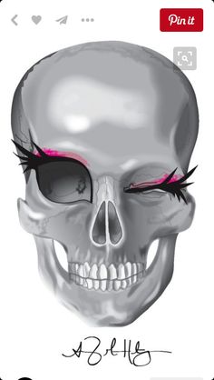 a drawing of a skull with red eyeliners on it's forehead and eyes