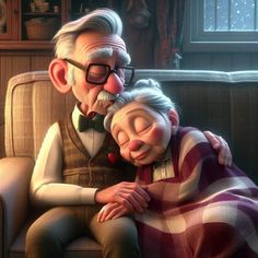 an older man and younger woman cuddle on a couch in the animated version of despicade