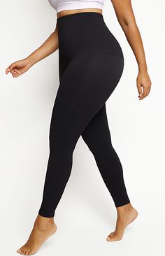 PowerConceal™ Eco-comfort Leggings | Sustainable Leggings | Shapellx Solid Activewear With Elastic Waistband In Recycled Polyester, Solid Supportive Bottoms With Comfort Stretch, Comfort Stretch Supportive Bottoms, Supportive Solid Activewear With Soft Touch, Supportive Solid Color Activewear With Soft Touch, Supportive Soft Touch Activewear, Supportive Seamless Bottoms For Yoga, Black Full-length Yoga Pants For Relaxation, Supportive Yoga Bottoms