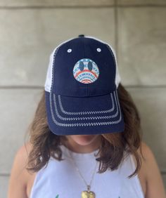 USA Smile Trucker Hat  Blue Front  White Back Navy Snapback Trucker Hat For Summer, Navy Summer Baseball Cap, Retro Blue Baseball Hat, Navy Snapback Hats For Beach, Casual Navy Baseball Cap For Summer, Navy Visor Hat For Summer, Navy Snapback Hat For Summer, Navy Adjustable Baseball Cap For Summer, Casual Navy Baseball Cap For The Beach