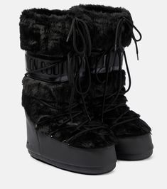 Icon faux fur-trimmed snow boots in black - Moon Boot | Mytheresa Fluffy Boots, Demonia Boots, Moon Boot, Fur Shoes, Made In Romania, Faux Fur Boots, Black Moon, Shoe Inspo, Moon Boots