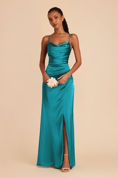 Lydia Lemon Sorbet Cowl Neck Matte Satin Bridesmaid Dress | Birdy Grey Prom Dresses Blue Satin, Teal Sequin Bridesmaid Dress, Seafoam Prom Dresses, Homecoming Dresses Floor Length, Aquamarine Bridesmaid Dresses, Simple Floor Length Dress, Satin Teal Bridesmaid Dresses, Turquoise Blue Bridesmaid Dresses, Blue Long Formal Dresses