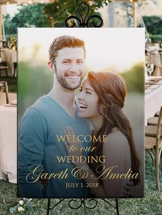 a welcome sign for a newly married couple in front of an outdoor dining area with tables and chairs