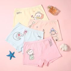 4-piece Cartoon Design Panties for Toddler Girl - PrettyKid Cute Cotton School Bottoms, Cute Cotton Bottoms For School, Kawaii Cotton Bottoms For Summer, Kawaii Style Cotton Bottoms For Summer, Kawaii Cotton Summer Bottoms, Pink Cotton Kawaii Sets, Trendy Cotton Sets With Cartoon Print, Kawaii Cotton Sets For Spring, Kawaii Summer Sets