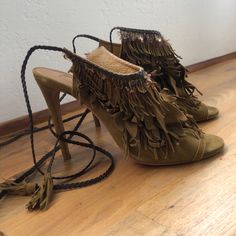 Beautiful Suede Fringe, Wrap Tassel, Open Toe, 3” Heel. Gently Used, Very Little Wear On Bottom. Leather Tassel Heels For Party, Party Leather Heels With Tassels, Bohemian Closed Toe Party Heels, Bohemian Round Toe Party Heels, Bohemian Party Heels With Round Toe, Bohemian High Heel Party Heels, Aquazzura Shoes, Suede Fringe, Pocahontas