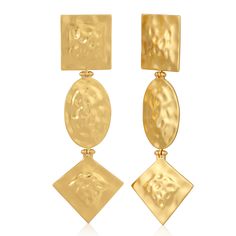 The Ciara Three Drop Earrings are easy to make a statement in. A golden three drop earring in a hammered texture. Brass with 14k yellow gold overlay Post with omega backing Approximately 3.25" in length Classic Gold-tone Clip-on Jewelry, Classic Hammered Earrings For Formal Occasions, Formal Metal Clip-on Jewelry, Luxury Brass Clip-on Jewelry, Luxury Clip-on Brass Jewelry, Luxury Metal Clip-on Jewelry, Gold-tone Clip-on Evening Jewelry, Gold-tone Dangle Jewelry With Plating, Luxury Gold-plated Clip-on Jewelry