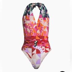 Ruched Waistband With Optional Acrylic Accent Geometric Print Surplice Neckline With Halter Tie Shell: 84% Polyamide/16% Elastane Lined Hand Wash Imported, Brazil **Toucan Ornament Seen On Picture Not Included In The Sale Of This Bathing Suit** Chic Multicolor Printed Swimwear, Chic Multicolor Swimwear, Surplice Neckline, Farm Rio, Geometric Print, Bathing Suit, Womens Swim, One Piece Swimsuit, Bathing Suits