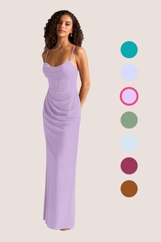 a woman in a long dress with different colors