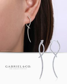 Embodying sophistication, these sculptural 14k gold drop earrings are draped in 0.45cts of classic pavé diamonds. Though they mimic the look of threader earrings, these drop earrings are finished with a classic hinge closure. EG12928W45JJ #GabrielNY #DiamondJewelry #FineJewelry #Gabriel&Co #UniqueJewelry #FineJewelry#FashionJewelry #GiftIdeas#UniqueGifts  #Earrings#Fashion Earrings#DiamondEarrings#WhiteGoldEarrings Fine Jewelry Bridal Drop Earrings, Formal Fine Jewelry Diamond Earrings With Ear Wire, Luxury Jewelry With Ear Wire For Formal Occasions, Luxury Formal Jewelry With Ear Wire, Elegant Wrap Earrings For Formal Occasions, Fine Jewelry With Ear Wire For Formal Occasions, Formal Dangle Hoop Earrings Fine Jewelry, Elegant Sterling Silver Wrap Earrings For Anniversary, Elegant Pierced Wrap Earrings For Anniversary