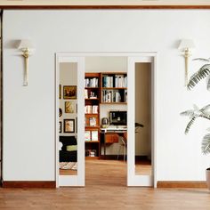 an open door leading to a living room with bookshelves and a potted plant