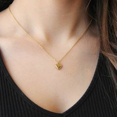 Dainty Gold Heart Pendant Necklace For Women - Necklace - Boutique Wear RENN Minimalist Stainless Steel Heart Charm Jewelry, Everyday Heart Necklace With Round Pendant, Everyday Heart Pendant Charm Necklace With Delicate Chain, Rose Gold Heart Charm Necklace In Stainless Steel, Minimalist Everyday Charm Necklace With Heart Charm, Dainty Heart Necklace For Everyday, Minimalist Everyday Necklace With Heart Charm, Adjustable Chain Charm Necklace For Valentine's Day, Minimalist Everyday Charm Necklace With Heart